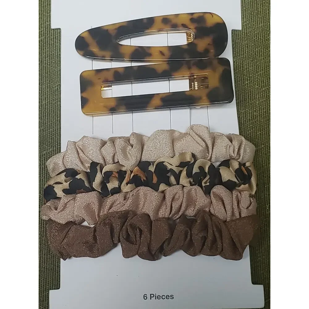 Time and Tru Leopard Print Hair Clips & Scrunchie 6 Piece Hair Set Bundle of 3